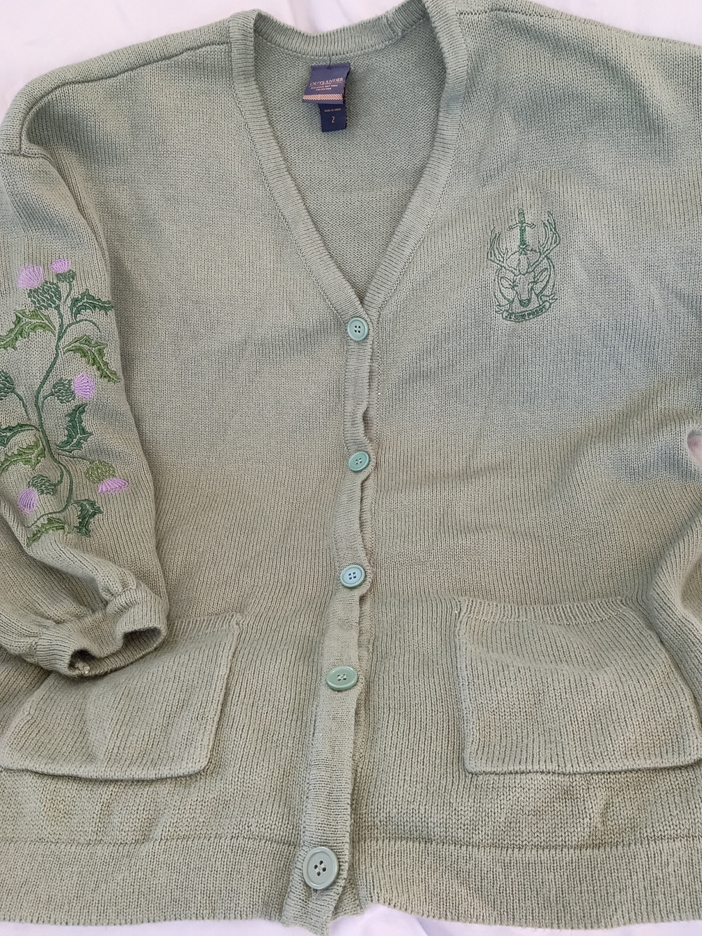 Embroidered Sage Green Button-Front Women’s Cardigan